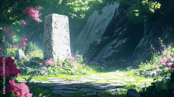 Fototapeta A serene, sunlit path flanked by blossoms and a stone monument.