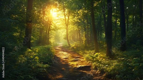 Fototapeta Sunlit path through a verdant forest at dawn.