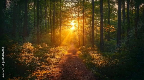 Fototapeta Golden sunlight streams through a tranquil forest path.