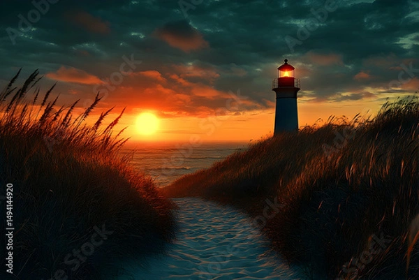 Fototapeta Dramatic sunset view of a lighthouse on the coast.