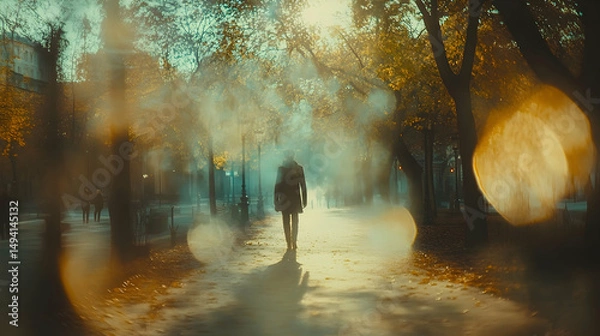 Fototapeta A solitary figure walks a sunlit path through a hazy autumnal park.