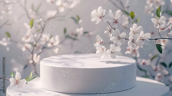 Fototapeta Empty, round, white display podium surrounded by spring blossoms.