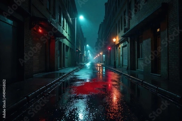 Fototapeta Rain-slicked city street at night, a single crimson stain spreading on the asphalt, ominous shadows loom large in the alleyway A sense of unease permeates the scene , graffiti, noir, grunge