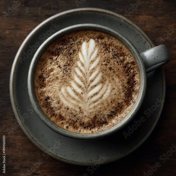 Obraz Coffee Cup with Latte Art Leaf Design from Above