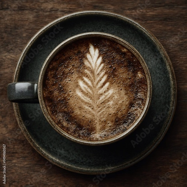 Obraz Latte art in cup on rustic wooden table