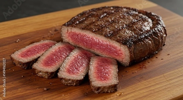 Obraz Perfectly cooked sous vide steak with seared crust, sliced to show pink center. Juicy, restaurant-quality, on wooden board