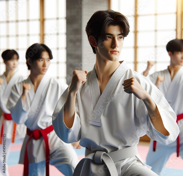 Obraz Taekwondo training in a gym -Generative AI