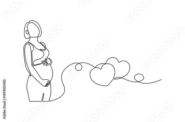Obraz Continuous one line drawing of Woman pregnant. Single line drawing illustration of Beautiful pregnant woman hugging her tummy. Happy Pregnancy concept vector art. Doodle line illustration.