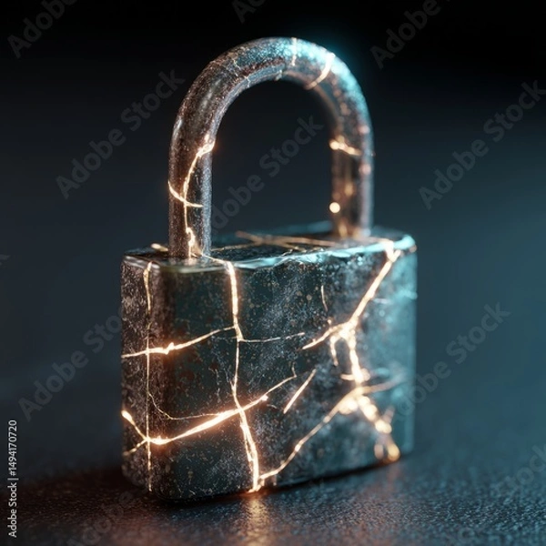 Fototapeta Glowing digital padlock with cracked screen symbolizing cybersecurity vulnerability and data breach risk, concept of online safety and digital protection