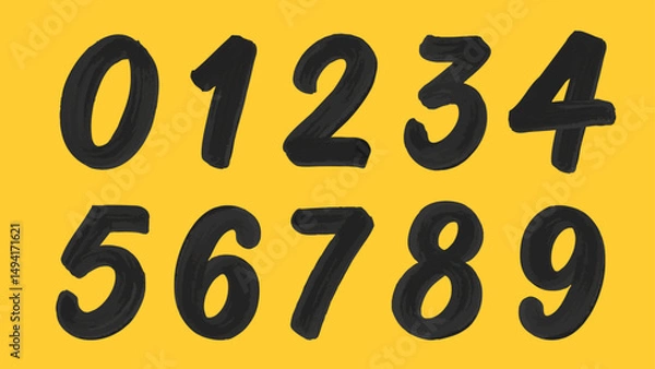 Obraz Hand-Painted Numbers 0–9 – Black Brush Texture on Yellow Background