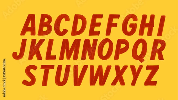 Fototapeta Hand-Painted Uppercase Alphabet – Red Brush Letters on Yellow Background