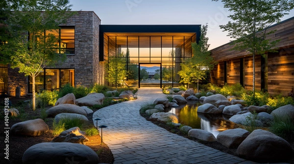 Obraz Luxury Mountain Home Exterior: A stunning modern home nestled in the mountains, features a blend of stone, wood, and glass architecture.