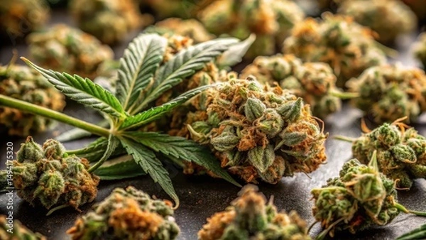 Fototapeta High-quality image of dried and trimmed cannabis nugs on a stem with leaves and buds scattered around , greenery, macro