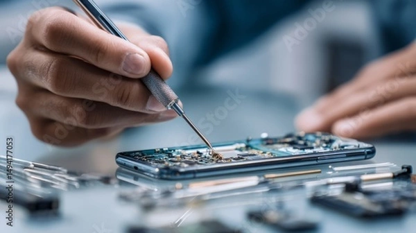 Fototapeta Skilled technician repairing
smartphone with precision tools
on clean workspace, close-up of
Skilled technician repairing
smartphone with precision tools
on clean workspace, close-up of
intricate comp