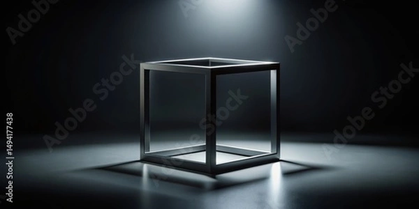 Obraz Abstract render of black cube box with square frame in dark scene, box, shadow,  box, shadow, abstract, mysterious
