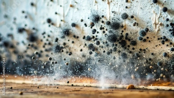 Fototapeta Close-up of black mold spores spreading across a damp surface in a humid environment