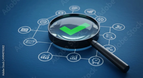 Obraz Quality assurance and validation concept with magnifying glass and check mark