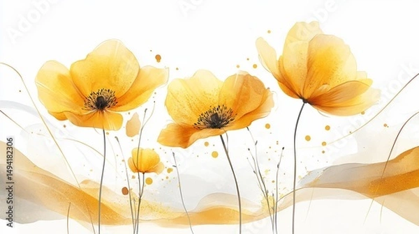 Obraz Elegant Watercolor Floral Design with Golden Yellow Poppy Flowers and Soft Fluid Elements