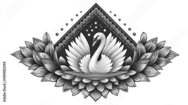 Fototapeta Elegant Monochrome Swan Illustration with Geometric Frame and Floral Elements