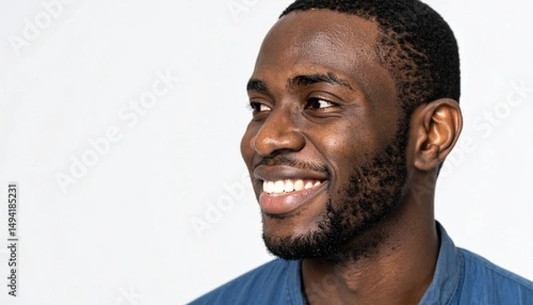 Fototapeta Close-up portrait of a handsome man with a happy smile looking to the left sideways 