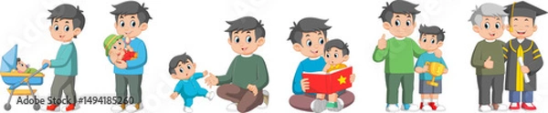 Obraz Father and son relationships set. Happy loving family, positive parenting and nurturing. Care, trust and support between parent and a child