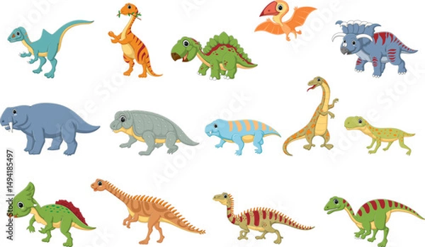 Obraz Cute childrens dinosaurs set. carnivorous, herbivorous and flying dinosaurs.
