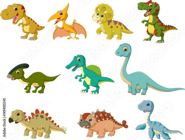 Obraz Dinosaurs set. Cartoon ancient reptiles, jurassic predators and herbivores