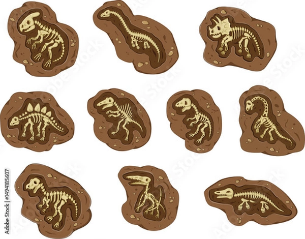 Obraz Layer of earth with fossil bones. Archaeological excavations of dinosaur fossils. Studies of ancient animals.