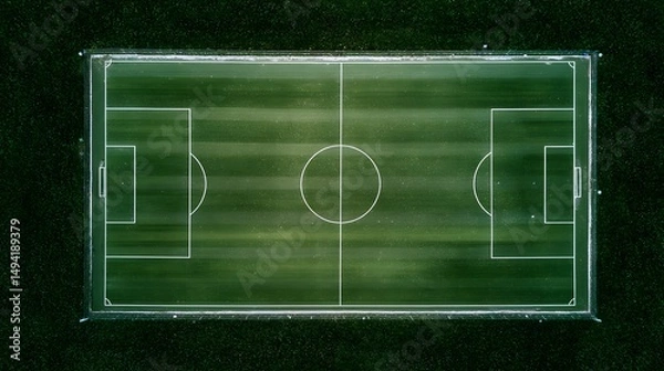 Fototapeta Aerial view of a meticulously maintained green soccer field, the white lines sharply defining its boundaries and center markings.