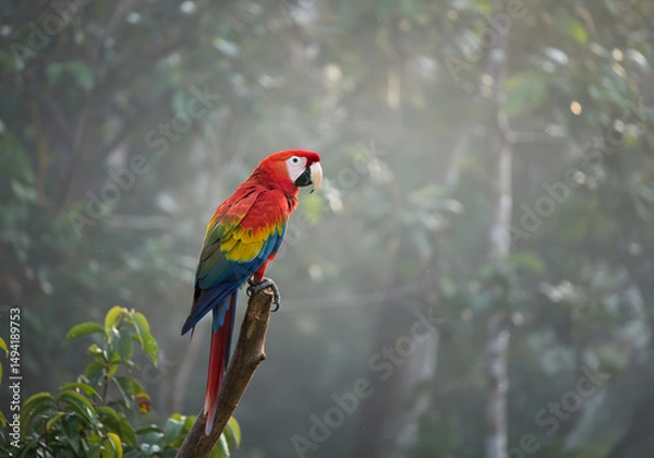 Fototapeta Colorful parrot on branch in forest
