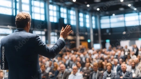 Fototapeta A speaker addresses a large audience at a conference, gesturing with his hand. The room is well-lit and filled with people.