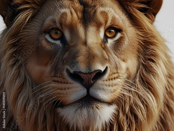 Obraz Close up portrait of a majestic lion with intense eyes and a full mane against a white background.