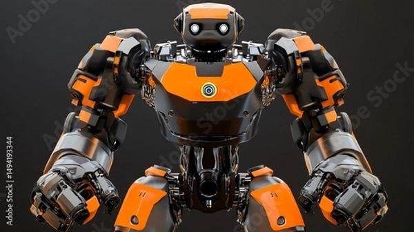 Fototapeta Advanced technology robot, cyborg, mechanical, design, engineering, and futuristic concepts display, with a blend of orange and black