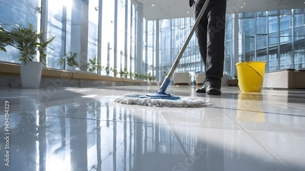 Fototapeta A maintenance worker mops the pristine floors of an expansive office lobby, highlighting cleanliness and care in the workspace.
