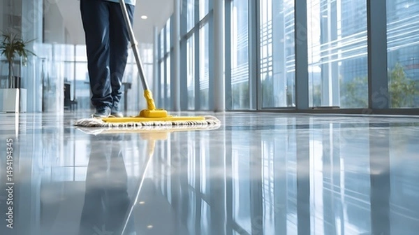 Fototapeta Polished floors reflect light as a worker mops an office space, maintaining cleanliness and hygiene with diligence.