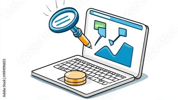 Fototapeta Illustration of Laptop with Graph Analysis and Magnifying Glass for Data Insights