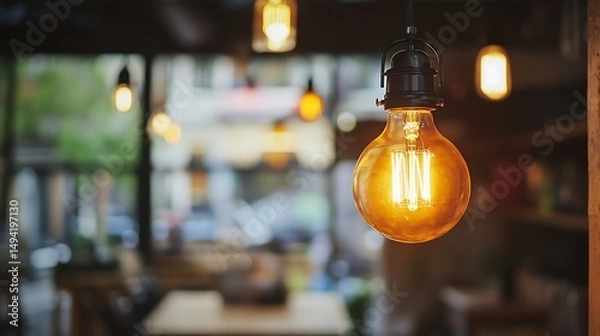 Fototapeta Vintage Edison Bulb Hanging in Cafe with Blurred Background with Warm Light.