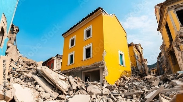 Fototapeta Destroyed residential area following a devastating earthquake