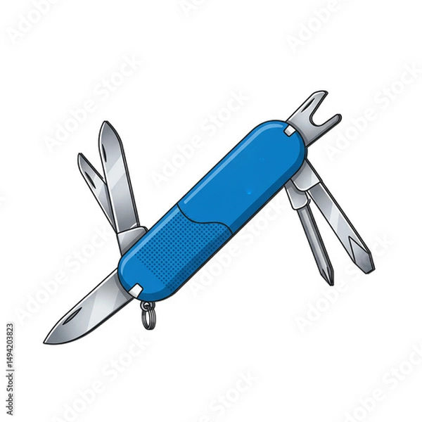 Obraz Blue Army Knife with Multiple Tools Extended on White Background
