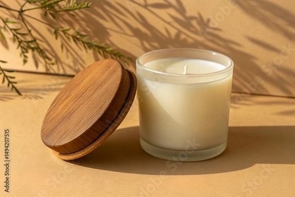 Obraz Frosted Glass Candle Mockup with Wooden Lid Side View Editable Label