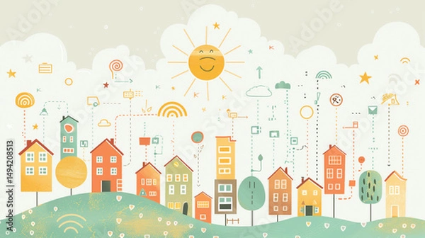 Fototapeta cute vector of smart grid city with sun and houses and energy flow lines