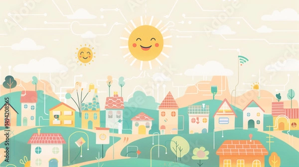 Fototapeta cute vector of smart grid city with sun and houses and energy flow lines