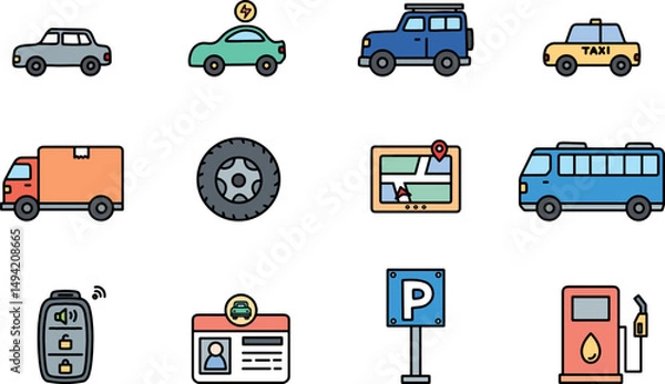 Fototapeta A colorful car icon set with black outlines for clarity and contrast. Featuring 12 hand-drawn-style vehicle illustrations, this set is ideal for web, mobile, and user-interface design.