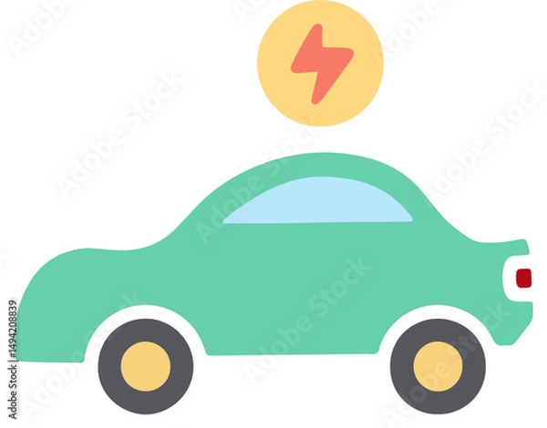 Fototapeta A green hand-drawn electric car with a lightning bolt icon. Ideal for eco-friendly, sustainability, or clean energy designs.