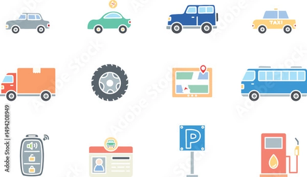 Fototapeta This is a soft pastel car icon set with a gentle and modern style. It includes 12 clean and friendly icons of various vehicles and driving elements, perfect for infographic or editorial use.