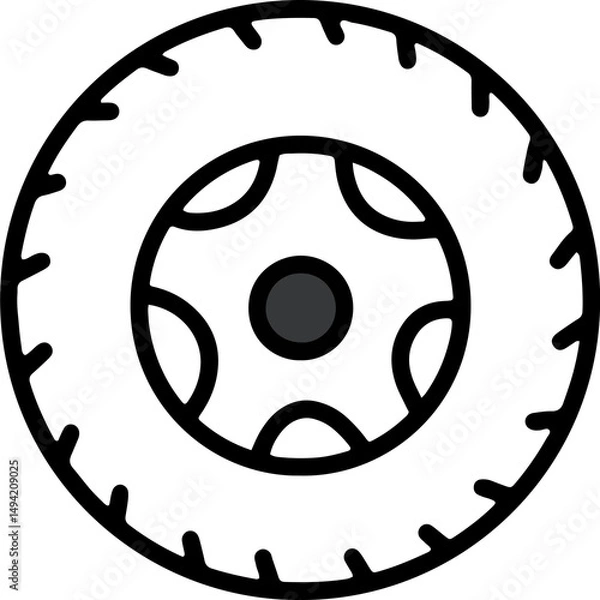 Fototapeta A hand-drawn black car tire icon with a tread pattern. Suitable for driving, mechanics, or transportation-related content.