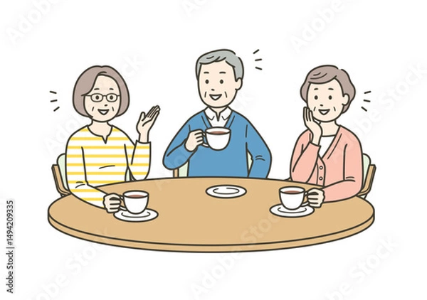 Obraz お茶をしながら楽しく話す高齢男性と高齢女性たちのイラスト

