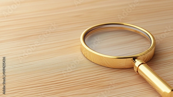 Fototapeta Golden Magnifying Glass on Wooden Surface Close-up Detail Shot