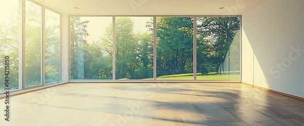 Obraz Sunlit empty room with large windows overlooking a verdant landscape