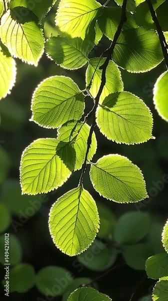 Obraz Sunlit green leaves on a branch, backlit, showing intricate veining